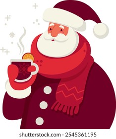 Santa Claus cartoon character drinking hot mulled wine. Isolated Flat vector illustration