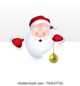 Santa Claus cartoon character emotion cheerful with christmas ball showing a blank sign, web header page. Vector illustration