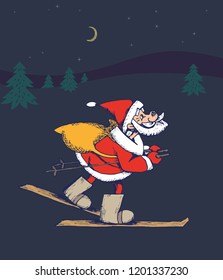 Santa Claus Cartoon character. Father Christmas on ski carrying sack with gifts. Freehand drawn retro style silhouette. Xmas holiday symbol. Template for new year greeting card. Vector Illustration