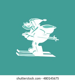 Santa Claus Cartoon character. Father Christmas on ski carrying sack with gifts.  Freehand drawing style of man silhouette. X-mas holiday symbol. Template for happy new year card. Vector Illustration