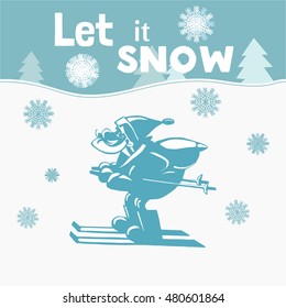Santa Claus Cartoon character. Father Christmas skiing on snow carrying sack with gifts. Freehand man silhouette. X-mas holiday symbol. Happy new year season greeting card. Vector Illustration