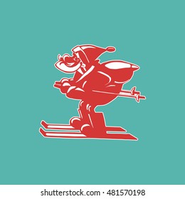 Santa Claus Cartoon character. Father Christmas on ski carrying sack with gifts.  Freehand man silhouette. X-mas holiday symbol. Template for happy new year card. Vector Illustration