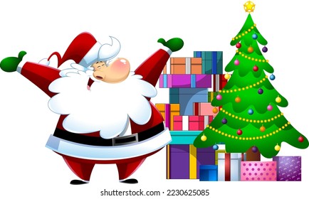 Santa Claus Cartoon Character With Gift Boxes And Christmas Tree. Vector Flat Design Illustration Isolated On Transparent Background