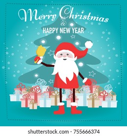 Santa Claus cartoon character with gift boxes and Christmas tree