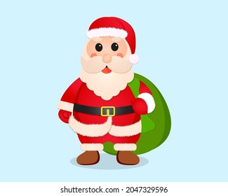 Santa Claus cartoon character with green bag of gifts isolated on blue background. Merry Christmas and happy New Year concept.