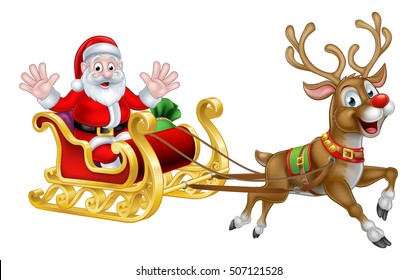 Santa Claus cartoon character in his Christmas sled sleigh with his red nosed reindeer