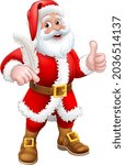 Santa Claus cartoon character holding a quill pen and giving a thumbs up. Christmas gift, naughty and nice list or letter to Santa concept.
