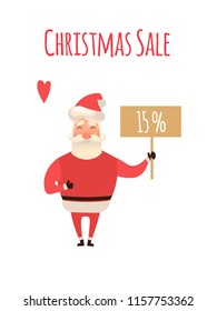 Santa Claus Cartoon Character Holding Christmas Sale Placard in white Background. Vector xmas Illustration for your web design.