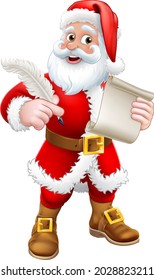 Santa Claus cartoon character holding a quill pen and scroll or letter. Christmas gift, naughty and nice list or letter to Santa concept.