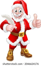 Santa Claus cartoon character holding a quill pen and giving a thumbs up. Christmas gift, naughty and nice list or letter to Santa concept.