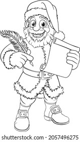 Santa Claus cartoon character. Holding quill pen and scroll or letter Christmas naughty nice gift list or letter to Santa. Black and white outline for printing or for use as a coloring book page etc.