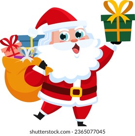 Santa Claus Cartoon Character Holding Up A Gift Box. Vector Illustration Flat Design Isolated On Transparent Background