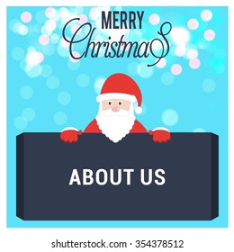Santa Claus Cartoon Character Holding Board with about us  typography on glowing Background with Merry Christmas Title. Vector Illustration
