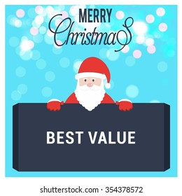 Santa Claus Cartoon Character Holding Board with best value  typography on glowing Background with Merry Christmas Title. Vector Illustration
