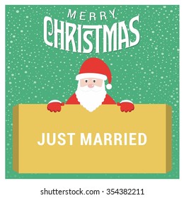 Santa Claus Cartoon Character Holding Board with just wanted typography on glowing Background with Merry Christmas Title. Vector Illustration
