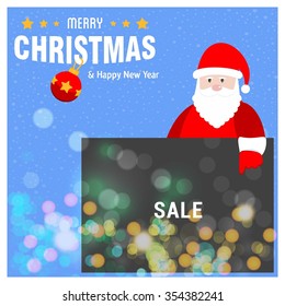 Santa Claus Cartoon Character Holding Board with sale typography on glowing Background with Merry Christmas Title. Vector Illustration