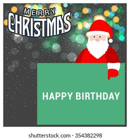 Santa Claus Cartoon Character Holding Board with happy birthday typography on glowing Background with Merry Christmas Title. Vector Illustration
