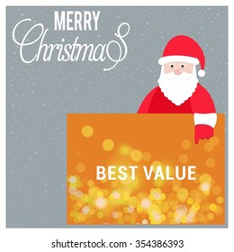 Santa Claus Cartoon Character Holding Board with Best Value typography on glowing Background with Merry Christmas Title. Vector Illustration