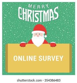 Santa Claus Cartoon Character Holding Board with Online Survey typography on glowing Background with Merry Christmas Title. Vector Illustration