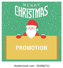 Santa Claus Cartoon Character Holding Board with promotion typography on glowing Background with Merry Christmas Title. Vector Illustration