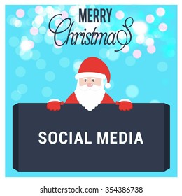 Santa Claus Cartoon Character Holding Board with social media typography on glowing Background with Merry Christmas Title. Vector Illustration
