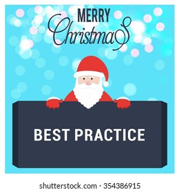 Santa Claus Cartoon Character Holding Board with Best Practice typography on glowing Background with Merry Christmas Title. Vector Illustration