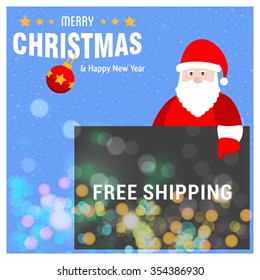 Santa Claus Cartoon Character Holding Board with Free Shipping typography on glowing Background with Merry Christmas Title. Vector Illustration