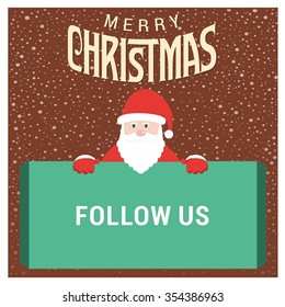 Santa Claus Cartoon Character Holding Board with follow us typography on glowing Background with Merry Christmas Title. Vector Illustration