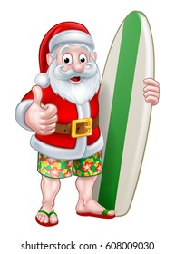 Santa Claus cartoon character holding a surf board and giving a thumbs up in his board shorts and flip flop thongs sandals