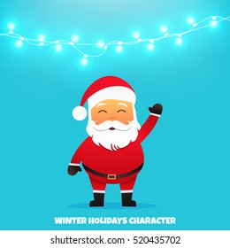 Santa Claus cartoon character. Holiday vector illustration with blue garland.