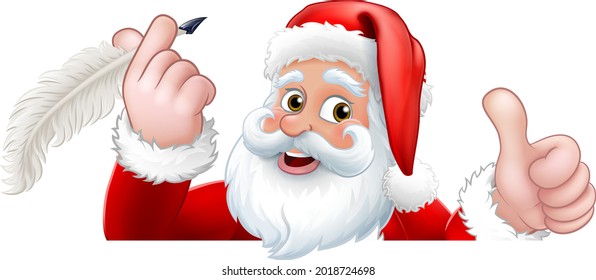 Santa Claus cartoon character peeking over a sign holding a quill pen. Christmas gift, naughty and nice list or letter to Santa concept.