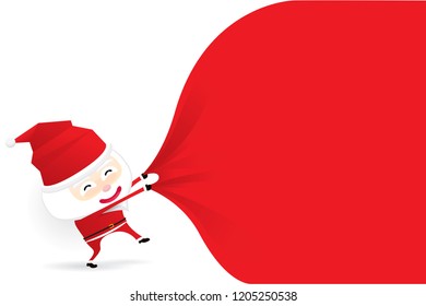 Santa Claus cartoon character pulling red fabric for banner background. Vector illustration Merry Christmas and Happy New Year.