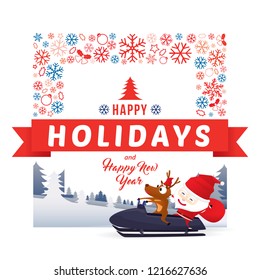 Santa Claus cartoon character and reindeer driving snowmobile with happy holidays and happy new year typography on winter background with snowflakes. Vector illustration Merry Christmas 
