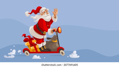 Santa Claus cartoon character rides scooter with gifts sack and waves by hand showing greetings and congratulations for Happy New Year and Xmas holiday. Vector christmas. Illustration.