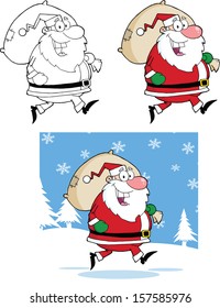 Santa Claus Cartoon Character Running With Bag. Vector Collection Set