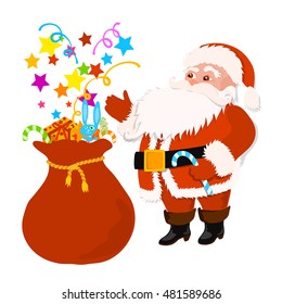 Santa claus cartoon character with sack and toys isolated on white. It can be used for greeting cards.