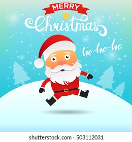 Santa Claus cartoon character saying ho-ho-ho. Merry Christmas greeting card.