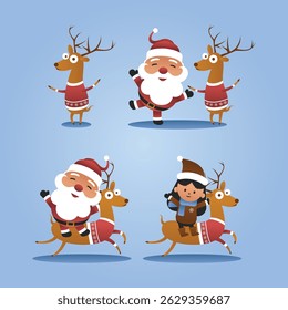 santa claus cartoon character set with reindeer and child in various style poses by tulangbercabang studio