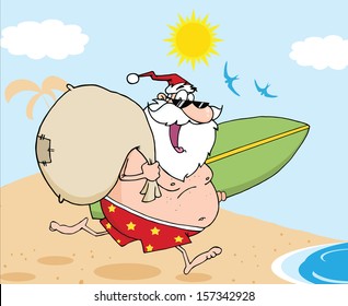 Santa Claus Cartoon Character In Shorts, Running With A Surfboard And Bag