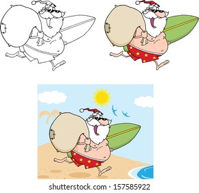 Santa Claus Cartoon Character In Shorts, Running With A Surfboard And Bag. Vector Collection Set