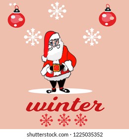 Santa Claus Cartoon Character Showing Merry Christmas in Blank Space. Vector Illustration. Rose background with balls