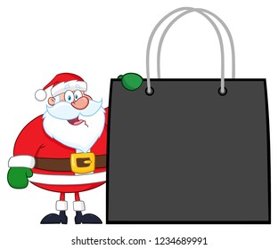 Santa Claus Cartoon Character Showing Shopping Bag. Vector Illustration Isolated On White Background