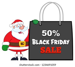Santa Claus Cartoon Character Showing Shopping Bag Black Friday. Vector Illustration Isolated On White Background