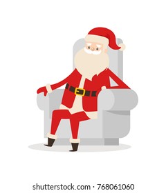 Santa Claus cartoon character sits in cosy armchair vector illustration of winter symbol isolated on white background. Father Christmas has rest
