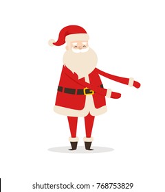 Santa Claus cartoon character stretches hand to side pointing on something vector winter symbol isolated on white background. Father Christmas icon