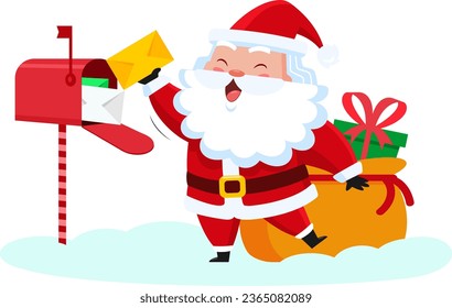 Santa Claus Cartoon Character Takes Letters From Mail Box. Vector Illustration Flat Design Isolated On Transparent Background