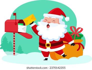 Santa Claus Cartoon Character Takes Letters From Mail Box. Vector Illustration Flat Design Isolated On Transparent Background