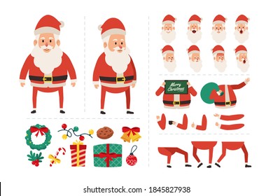 Caricatura de Santa claus con diversas expresiones faciales, gestos de mano, ilustración de movimientos en cuerpo y pierna. Carácter para animación de movimiento de navidad