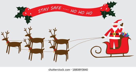 Santa Claus cartoon character wearing face mask wave his hand on the sleigh with text stay safe ho ho ho. 