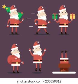 Santa Claus Cartoon Characters Set Poses Emotions Christmas New Year Icons  on Stylish Background Flat Design Vector Illustration